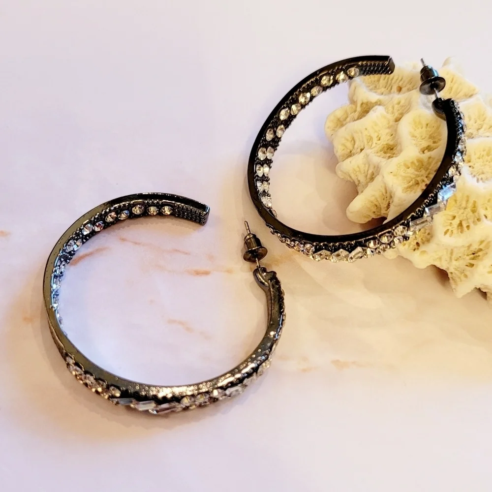 NWT Gunmetal Baguette Rhinestone Inside Outside Hoop Earrings